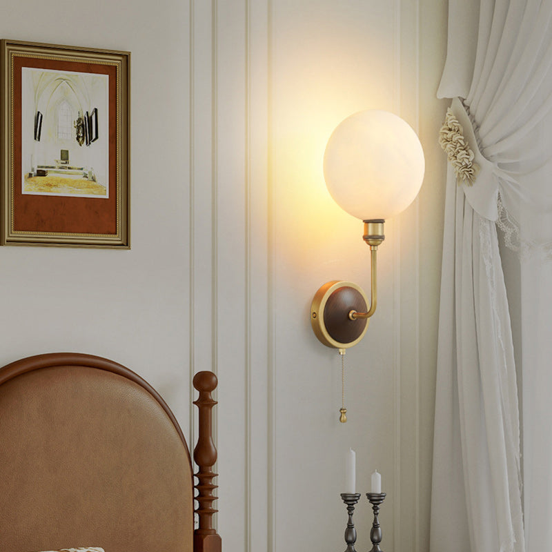 Traditional Vintage Brass Ash Wood Ceramic Round Shade 1-Light Wall Sconce Lamp For Living Room