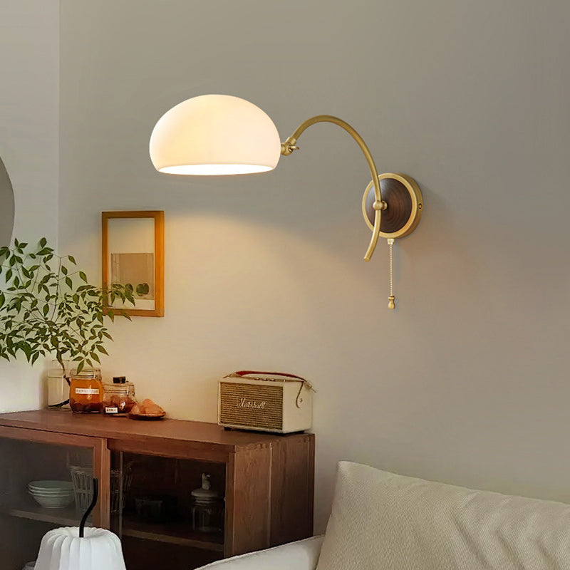 Traditional Vintage Brass Ash Wood Ceramic Round Shade 1-Light Wall Sconce Lamp For Living Room