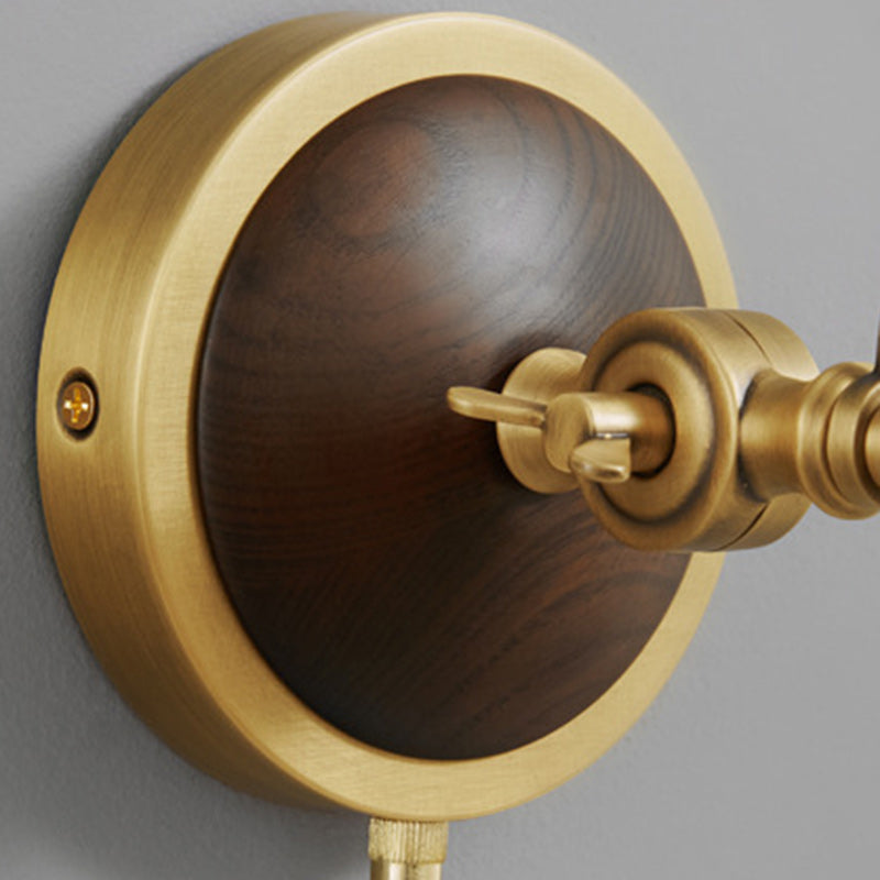 Traditional Vintage Brass Ash Wood Ceramic Round Shade 1-Light Wall Sconce Lamp For Living Room