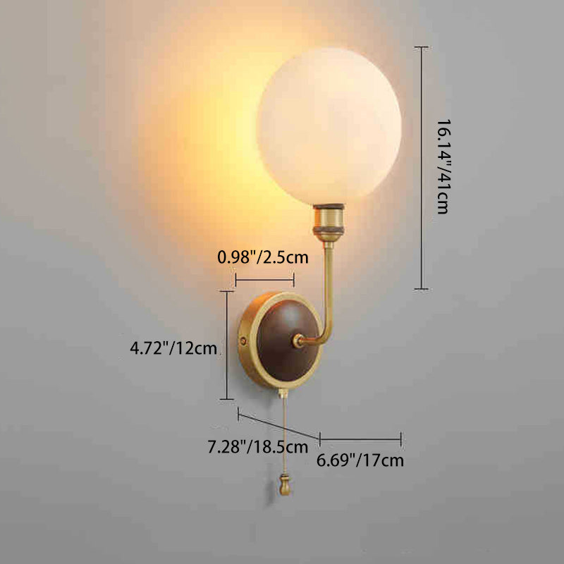 Traditional Vintage Brass Ash Wood Ceramic Round Shade 1-Light Wall Sconce Lamp For Living Room