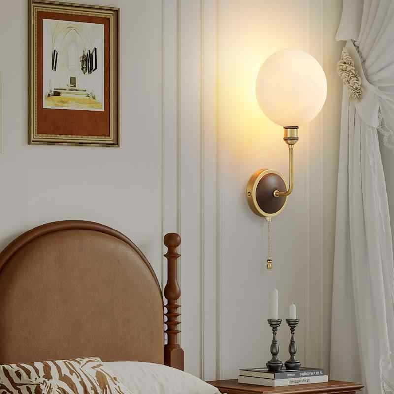 Traditional Vintage Brass Ash Wood Ceramic Round Shade 1-Light Wall Sconce Lamp For Living Room