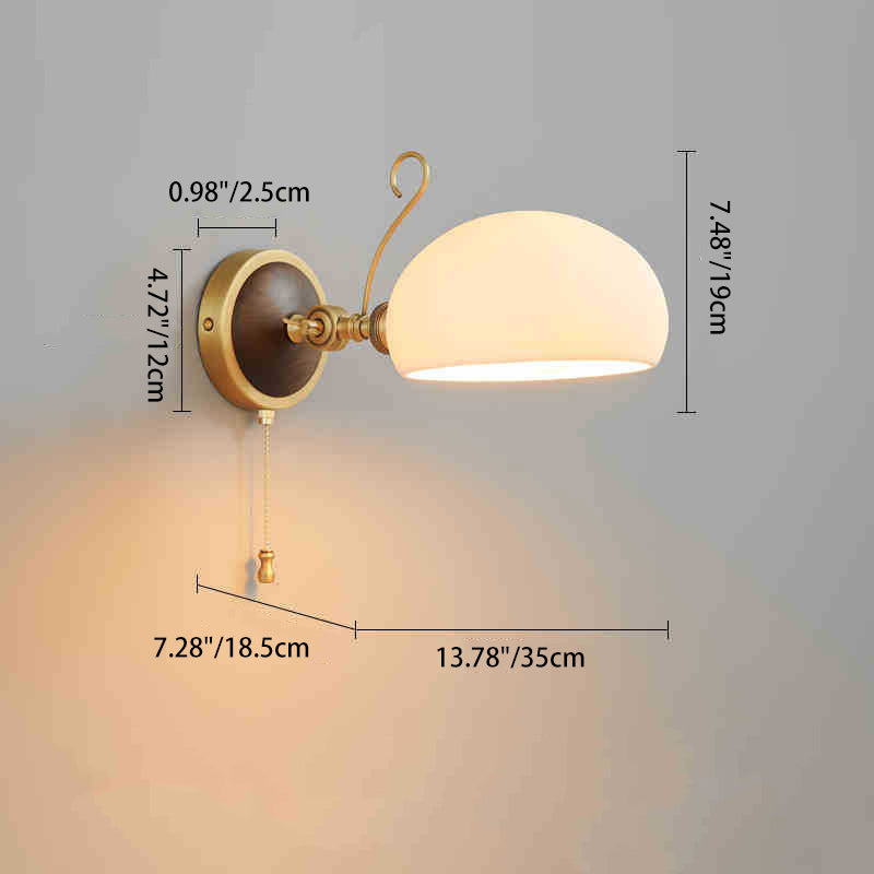 Traditional Vintage Brass Ash Wood Ceramic Round Shade 1-Light Wall Sconce Lamp For Living Room