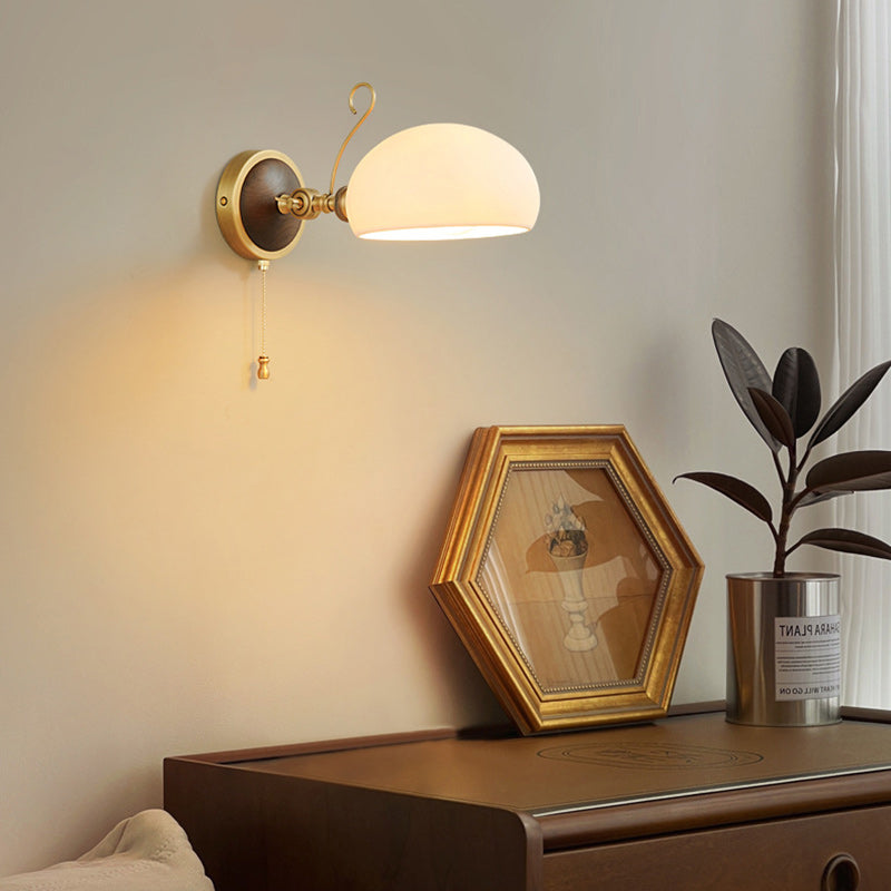 Traditional Vintage Brass Ash Wood Ceramic Round Shade 1-Light Wall Sconce Lamp For Living Room