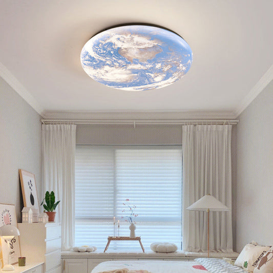 Contemporary Simplicity Blue Planet Moon Iron Acrylic LED Flush Mount Ceiling Light For Bedroom