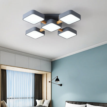 Contemporary Scandinavian Macaron Solid Wood Square Acrylic Shade LED Semi-Flush Mount Ceiling Light For Living Room