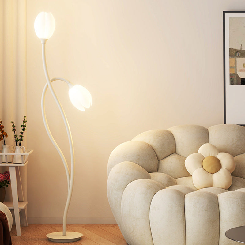 Modern Art Deco PE Tulip Shade Iron 2-Light Standing Floor Lamp For Living Room