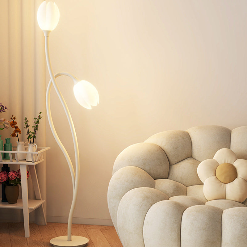 Modern Art Deco PE Tulip Shade Iron 2-Light Standing Floor Lamp For Living Room