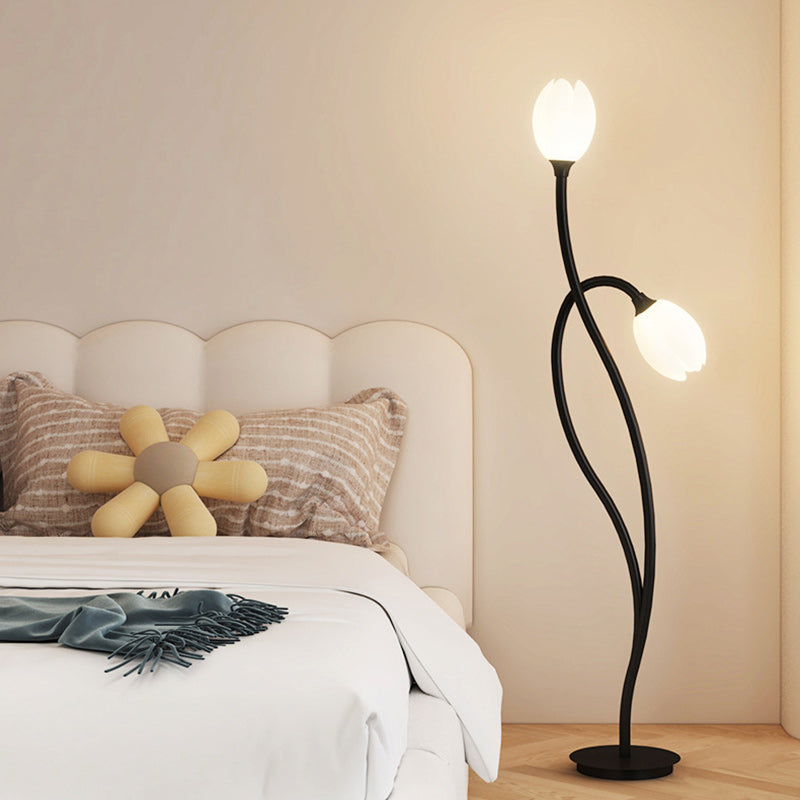Modern Art Deco PE Tulip Shade Iron 2-Light Standing Floor Lamp For Living Room