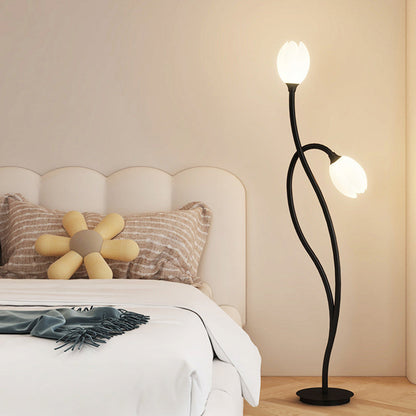Modern Art Deco PE Tulip Shade Iron 2-Light Standing Floor Lamp For Living Room