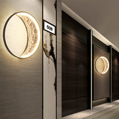 Contemporary Creative Moon Hardware Resin Round LED Wall Sconce Lamp For Hallway