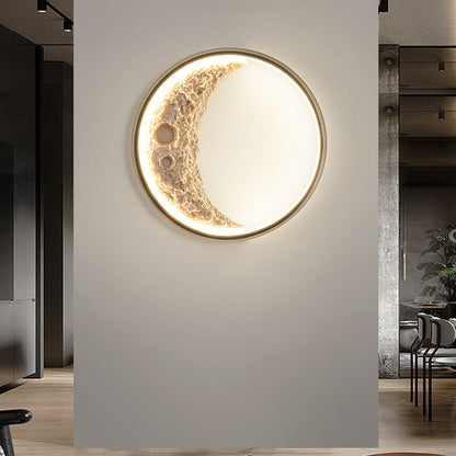 Contemporary Creative Moon Hardware Resin Round LED Wall Sconce Lamp For Hallway