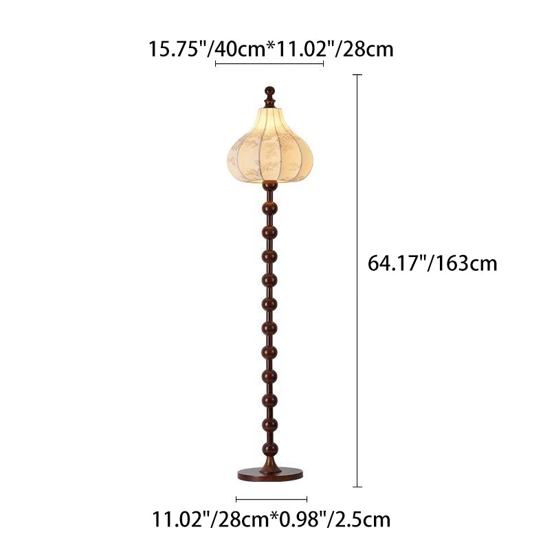 Traditional French Printed Fabric Round Shade Solid Wood Base 1-Light Standing Floor Lamp For Living Room