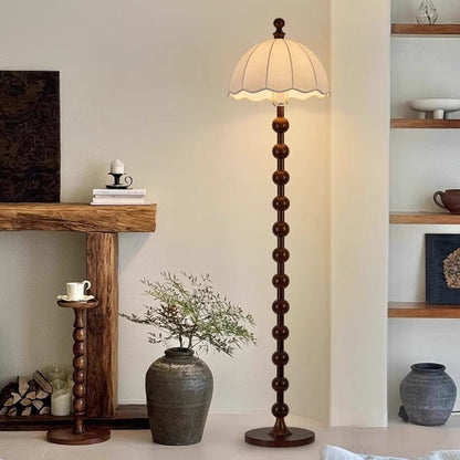 Traditional French Printed Fabric Round Shade Solid Wood Base 1-Light Standing Floor Lamp For Living Room