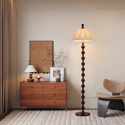 Traditional French Printed Fabric Round Shade Solid Wood Base 1-Light Standing Floor Lamp For Living Room