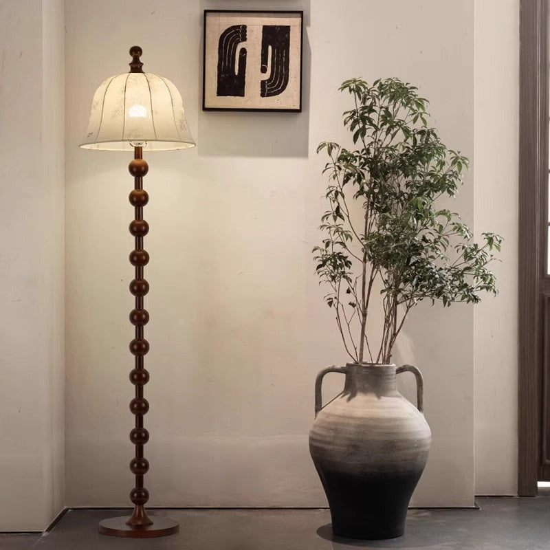 Traditional French Printed Fabric Round Shade Solid Wood Base 1-Light Standing Floor Lamp For Living Room