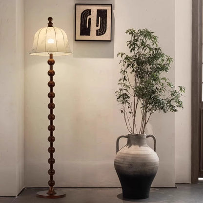 Traditional French Printed Fabric Round Shade Solid Wood Base 1-Light Standing Floor Lamp For Living Room