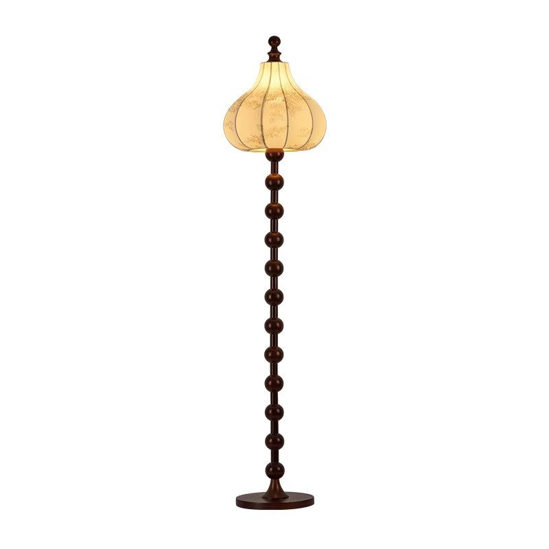 Traditional French Printed Fabric Round Shade Solid Wood Base 1-Light Standing Floor Lamp For Living Room