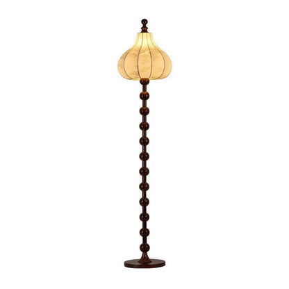 Traditional French Printed Fabric Round Shade Solid Wood Base 1-Light Standing Floor Lamp For Living Room