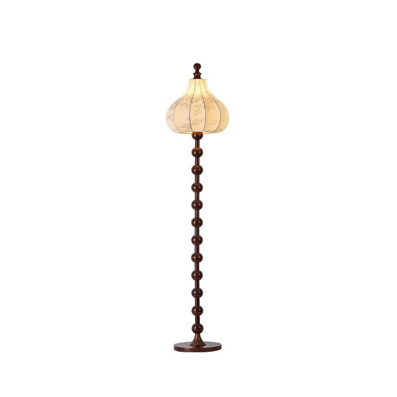 Traditional French Printed Fabric Round Shade Solid Wood Base 1-Light Standing Floor Lamp For Living Room