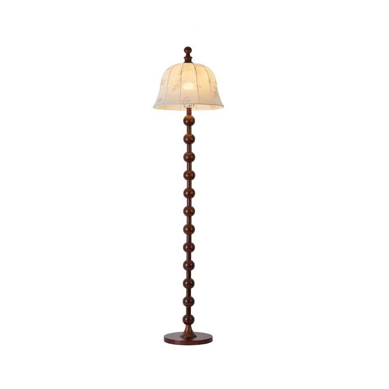Traditional French Printed Fabric Round Shade Solid Wood Base 1-Light Standing Floor Lamp For Living Room