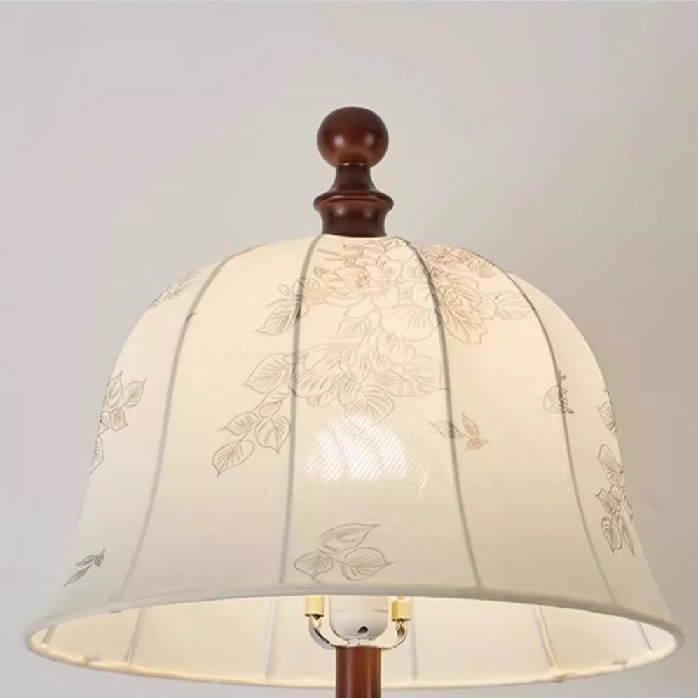 Traditional French Printed Fabric Round Shade Solid Wood Base 1-Light Standing Floor Lamp For Living Room