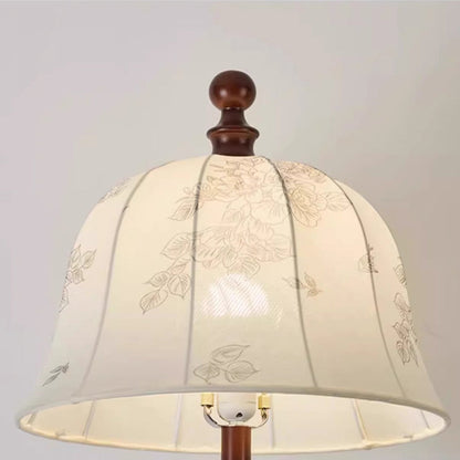 Traditional French Printed Fabric Round Shade Solid Wood Base 1-Light Standing Floor Lamp For Living Room