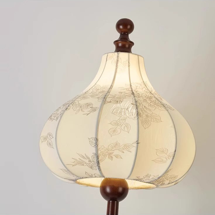Traditional French Printed Fabric Round Shade Solid Wood Base 1-Light Standing Floor Lamp For Living Room