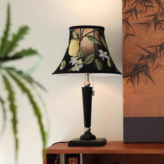 Traditional French Printed Round Fabric Shade Solid Wood Base 1-Light Table Lamp For Home Office