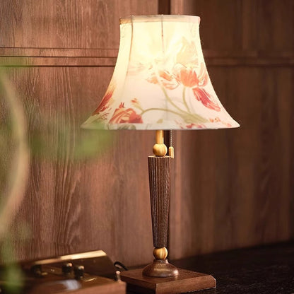 Traditional French Printed Round Fabric Shade Solid Wood Base 1-Light Table Lamp For Home Office