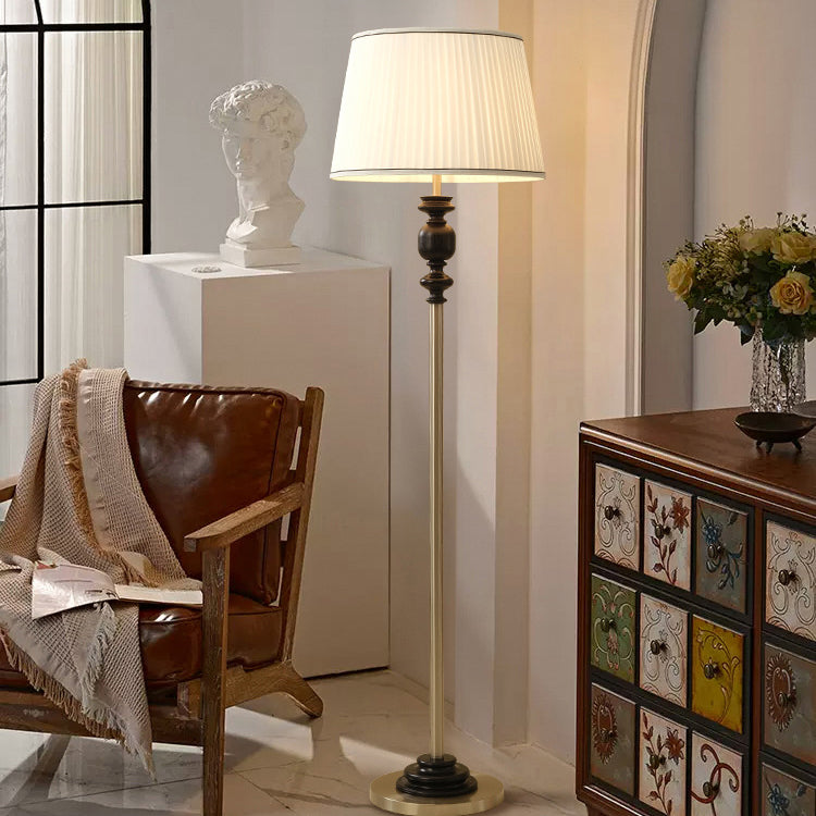 Contemporary Simplicity Cylinder Pleated Fabric Shade Solid Wood Hardware 1-Light Standing Floor Lamp For Living Room