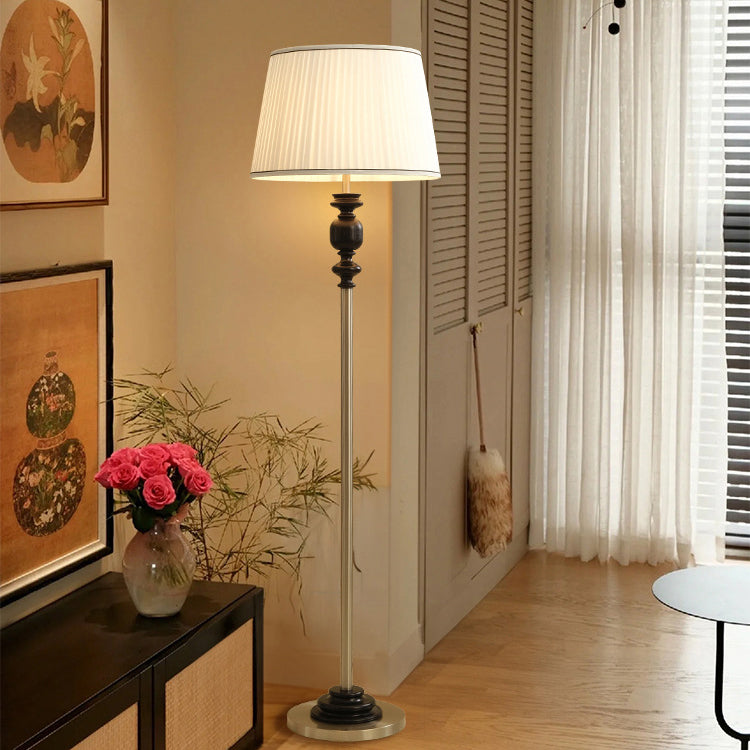 Contemporary Simplicity Cylinder Pleated Fabric Shade Solid Wood Hardware 1-Light Standing Floor Lamp For Living Room