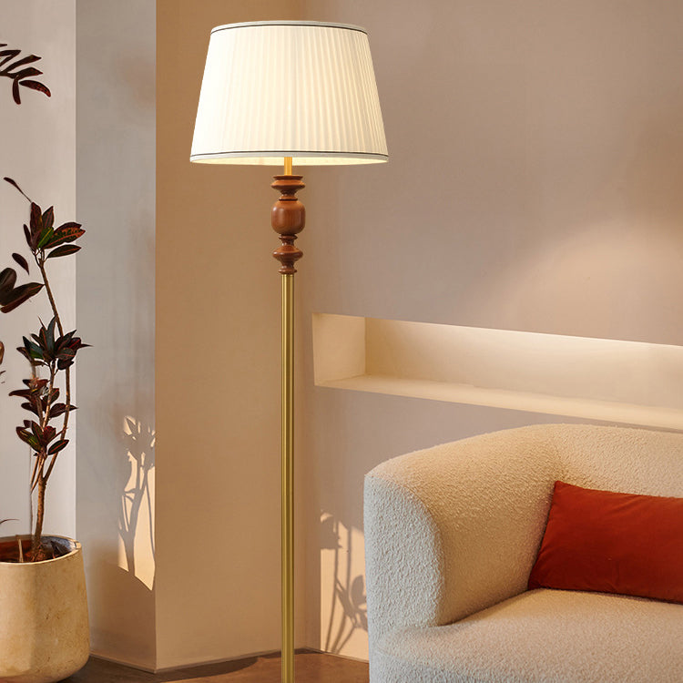 Contemporary Simplicity Cylinder Pleated Fabric Shade Solid Wood Hardware 1-Light Standing Floor Lamp For Living Room