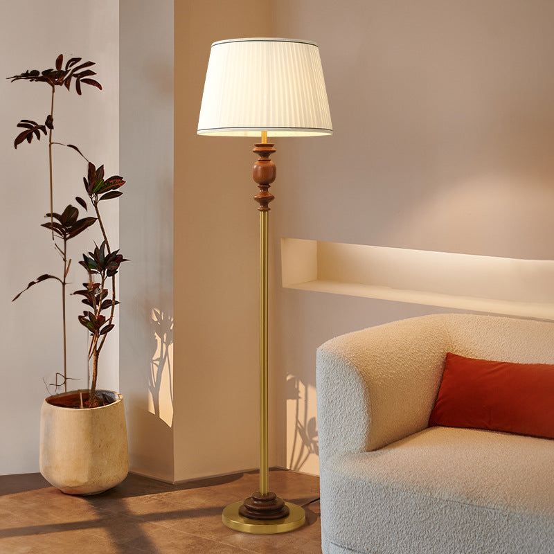Contemporary Simplicity Cylinder Pleated Fabric Shade Solid Wood Hardware 1-Light Standing Floor Lamp For Living Room