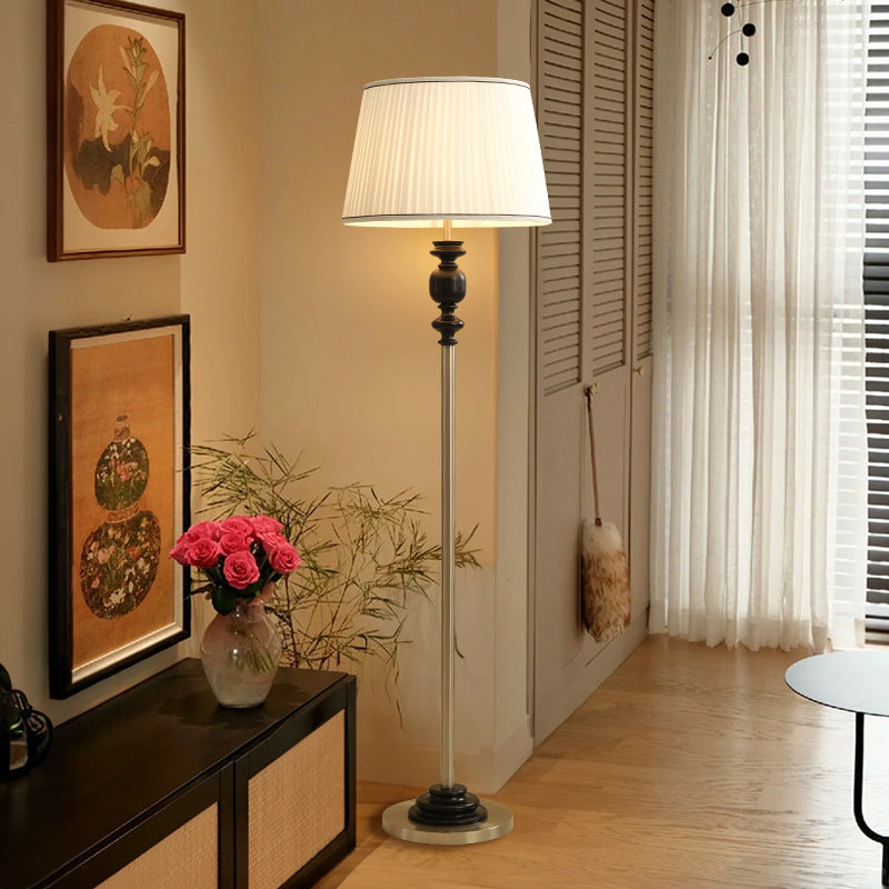 Contemporary Simplicity Cylinder Pleated Fabric Shade Solid Wood Hardware 1-Light Standing Floor Lamp For Living Room