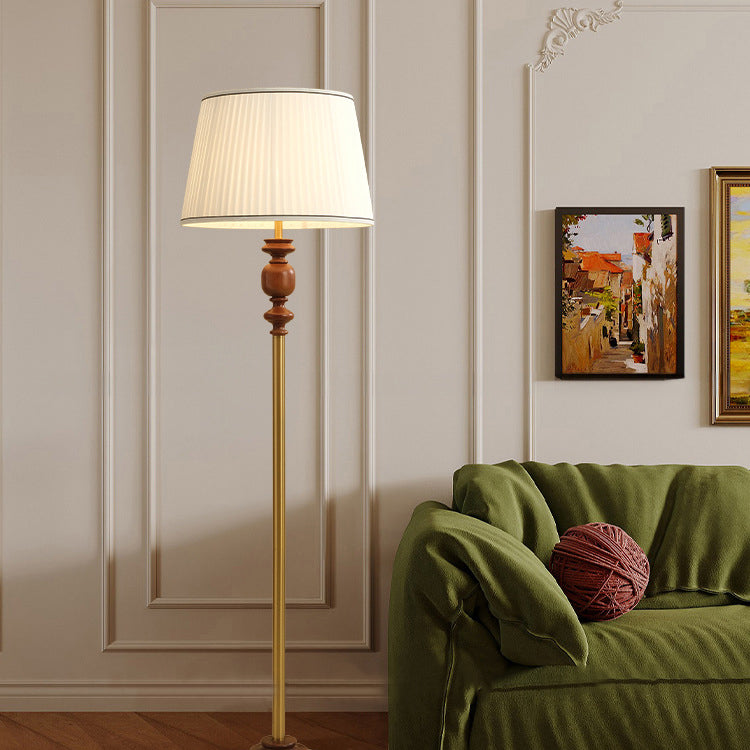 Contemporary Simplicity Cylinder Pleated Fabric Shade Solid Wood Hardware 1-Light Standing Floor Lamp For Living Room