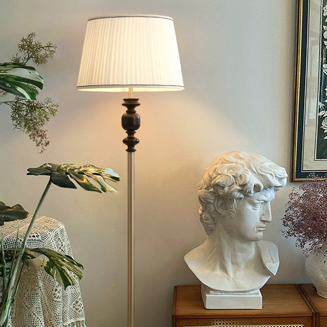 Contemporary Simplicity Cylinder Pleated Fabric Shade Solid Wood Hardware 1-Light Standing Floor Lamp For Living Room