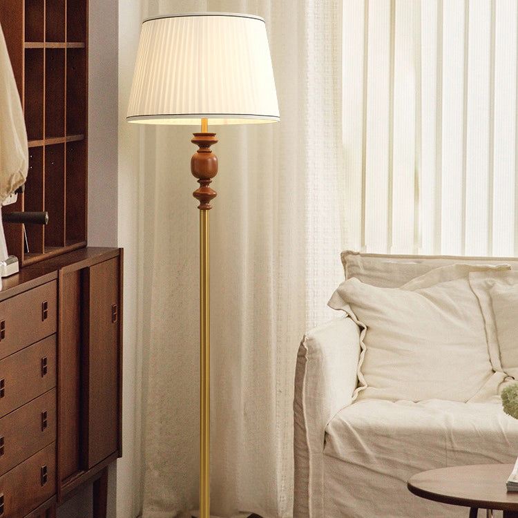 Contemporary Simplicity Cylinder Pleated Fabric Shade Solid Wood Hardware 1-Light Standing Floor Lamp For Living Room