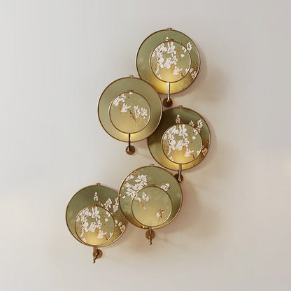 Traditional Chinese Iron Flower Bird Pattern Fabric Round Fan 1-Light Wall Sconce Lamp For Living Room