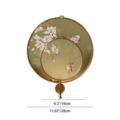 Traditional Chinese Iron Flower Bird Pattern Fabric Round Fan 1-Light Wall Sconce Lamp For Living Room