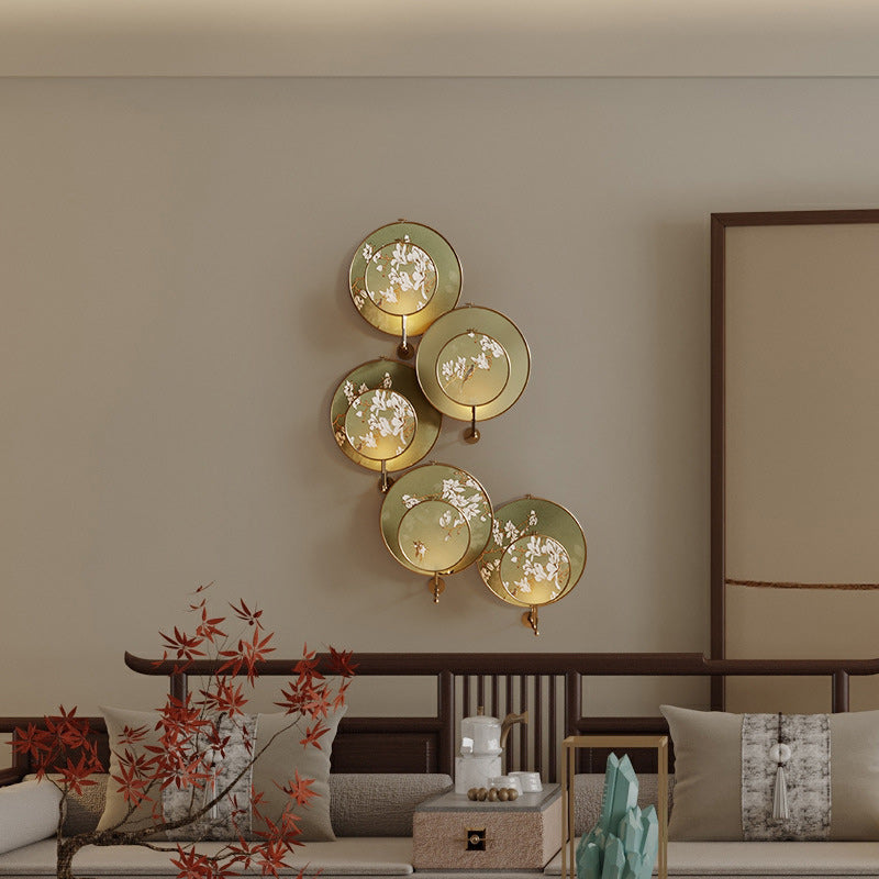 Traditional Chinese Iron Flower Bird Pattern Fabric Round Fan 1-Light Wall Sconce Lamp For Living Room