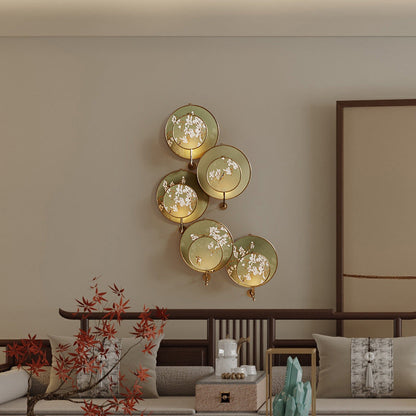 Traditional Chinese Iron Flower Bird Pattern Fabric Round Fan 1-Light Wall Sconce Lamp For Living Room