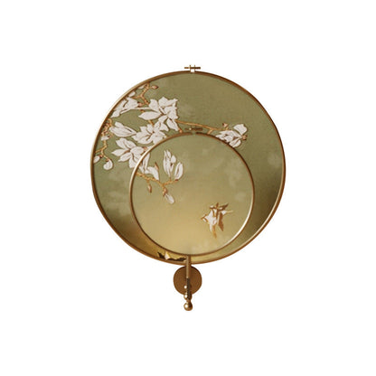 Traditional Chinese Iron Flower Bird Pattern Fabric Round Fan 1-Light Wall Sconce Lamp For Living Room