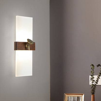 Traditional Chinese Rectangular Walnut Wood Acrylic Shade LED Wall Sconce Lamp For Living Room