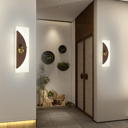 Traditional Chinese Rectangular Walnut Wood Acrylic Shade LED Wall Sconce Lamp For Living Room