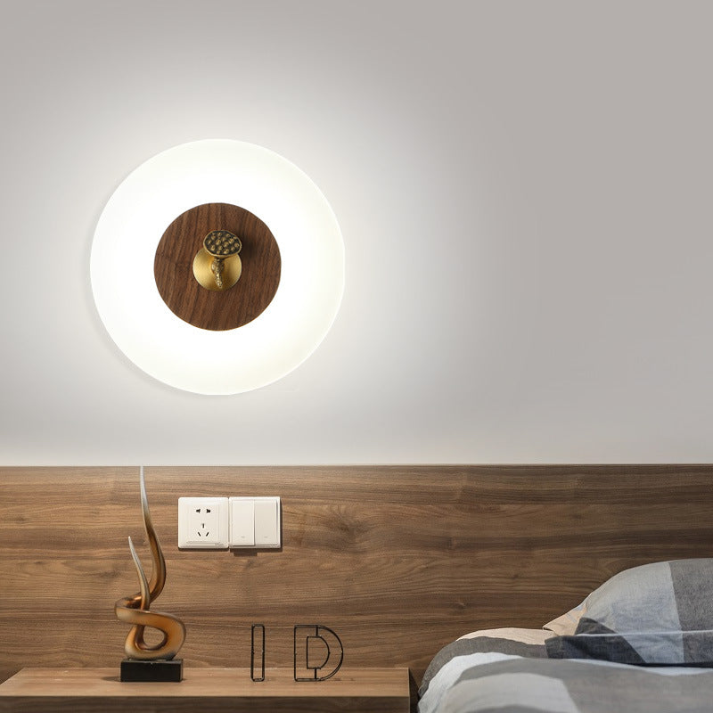 Traditional Chinese Rectangular Walnut Wood Acrylic Shade LED Wall Sconce Lamp For Living Room
