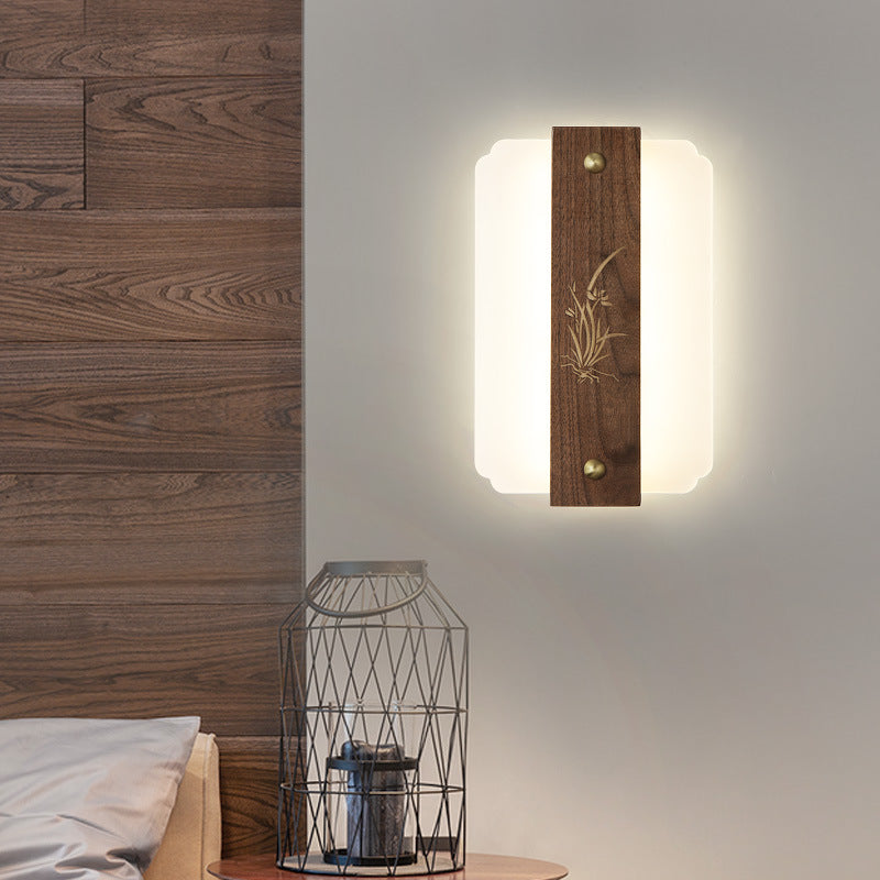 Traditional Chinese Rectangular Walnut Wood Acrylic Shade LED Wall Sconce Lamp For Living Room