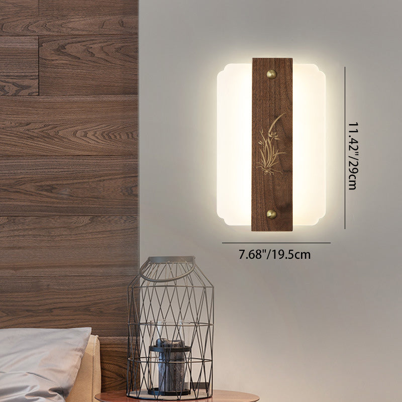 Traditional Chinese Rectangular Walnut Wood Acrylic Shade LED Wall Sconce Lamp For Living Room