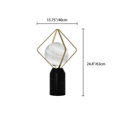 Contemporary Creative Planet Glass Shade Iron Rhombus Frame Marble Base 1-Light Table Lamp For Home Office