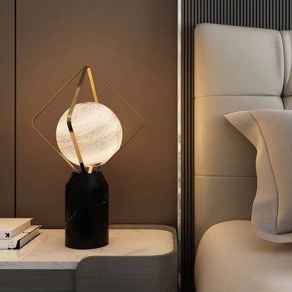 Contemporary Creative Planet Glass Shade Iron Rhombus Frame Marble Base 1-Light Table Lamp For Home Office
