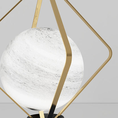 Contemporary Creative Planet Glass Shade Iron Rhombus Frame Marble Base 1-Light Table Lamp For Home Office